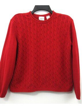 VILLAGER SPORT LIZ CLAIBORNE Red Rollneck Cableknit Sweater Medium 100% Cotton